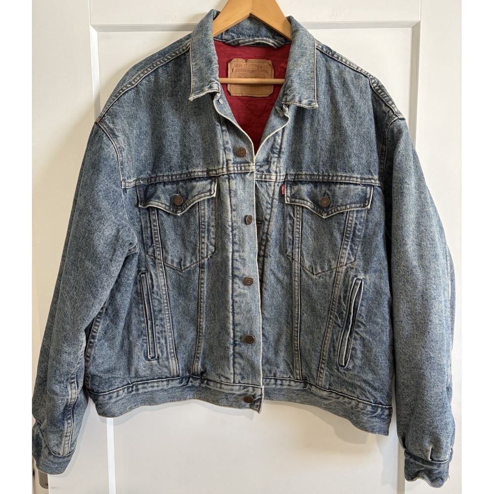 Vtg 80s 90s Levis 70516 Quilted Red Lined Denim Trucker Jacket Size XL Canada